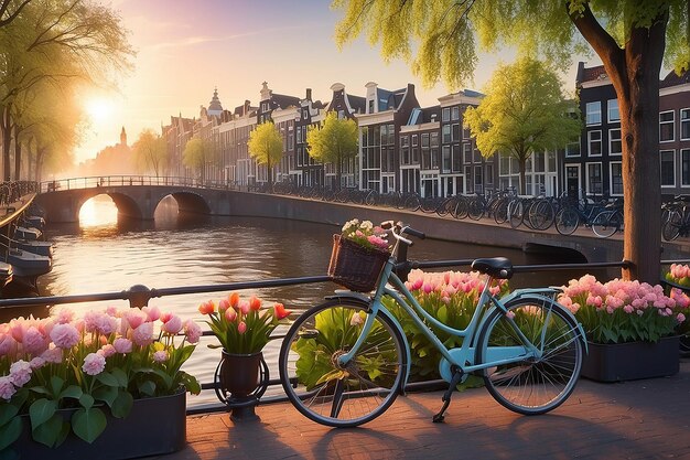 Amsterdam wiosna zapierająca dech w piersiach wschód słońca kwitnie i rowery