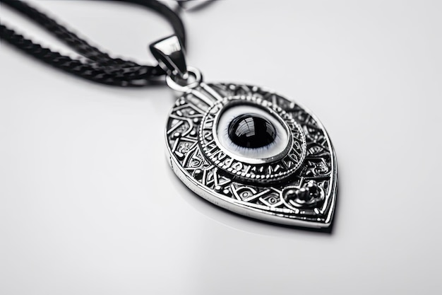 Zdjęcie amulet złego oka z czarnym łańcuchem na białym tle