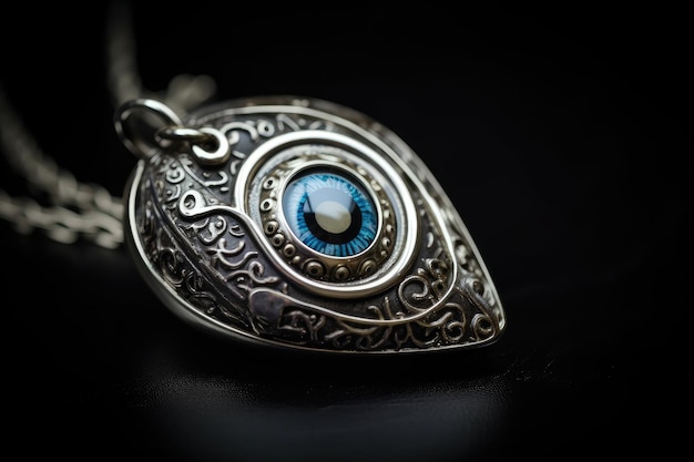 Zdjęcie amulet złego oka ze stylizowaną gałką oczną i przerażającym obliczem zapewnia ochronę noszącemu