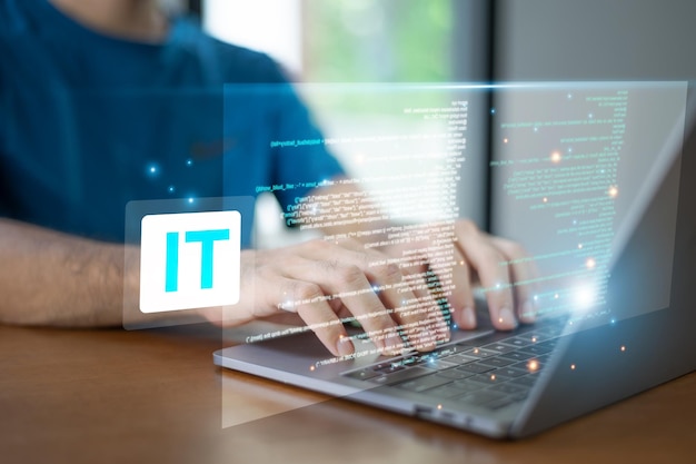 An IT programmer is working remote at home coding software solving technical problems and collaborating with global teams through digital platforms