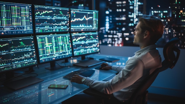 Analityk finansowy pracujący na komputerze z stacją roboczą z wieloma monitorami z akcjami w czasie rzeczywistym, towarami i wykresami walutowymi Biznesmen pracuje w biurze banku inwestycyjnego w mieście późnym wieczorem