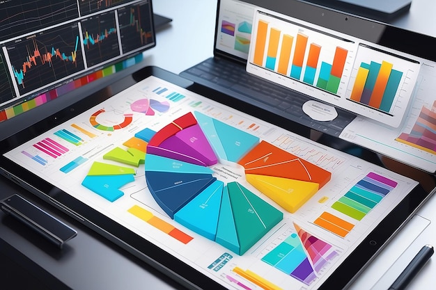 Analiza diagramów z wieloma kolorowymi wykresami na komputerze tabletowym Rendering 3D