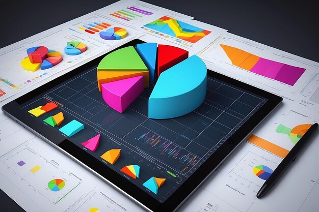 Analiza diagramów z wieloma kolorowymi wykresami na komputerze tabletowym Rendering 3D