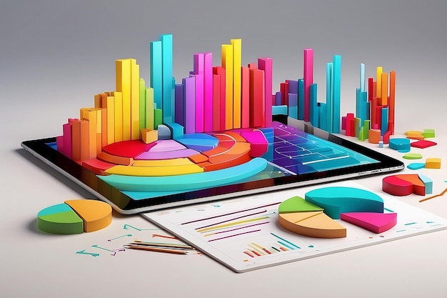 Analiza diagramów z wieloma kolorowymi wykresami na komputerze tabletowym Rendering 3D