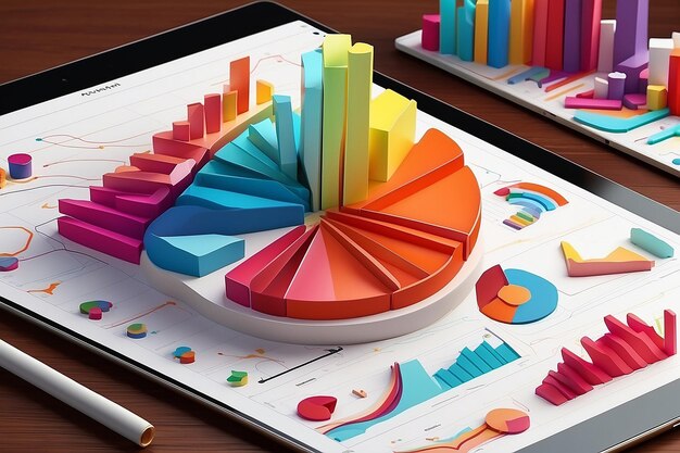 Analiza diagramów z wieloma kolorowymi wykresami na komputerze tabletowym Rendering 3D