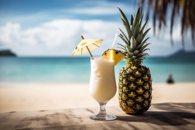 Ananas i napój na plaży