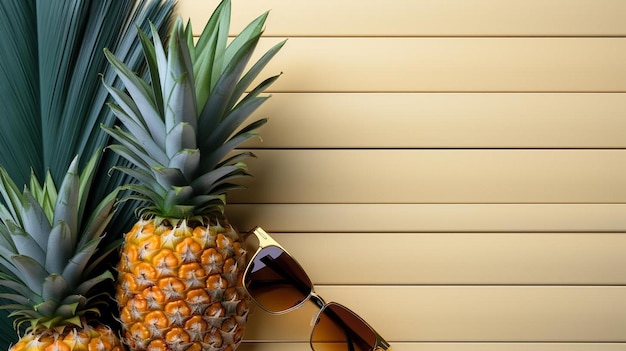 Zdjęcie ananas i okulary przeciwsłoneczne na drewnianym tle