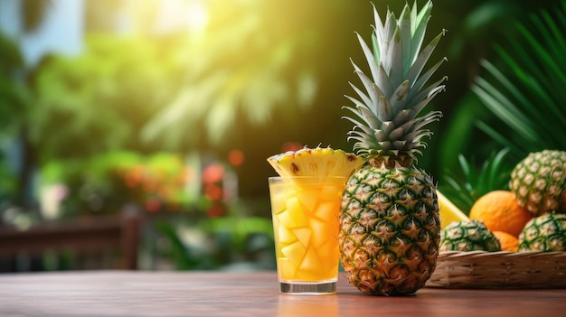 Ananas i szklanka soku pomarańczowego na stole