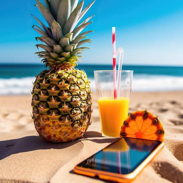 ananas i telefon komórkowy na plaży