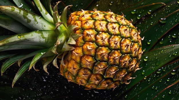 Ananas na liściu z kropelkami wody.