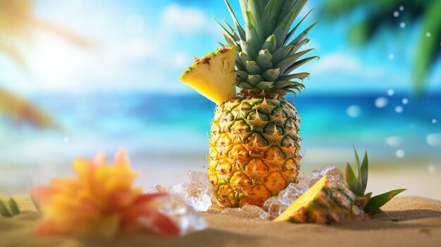 Ananas na plaży z plażą w tle