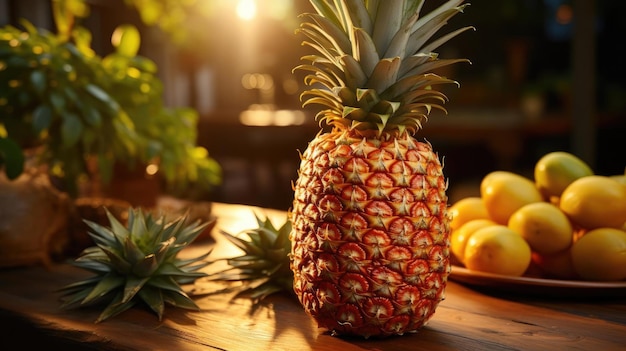 ananas na stole z ozdobami liści i niewyraźnym tłem