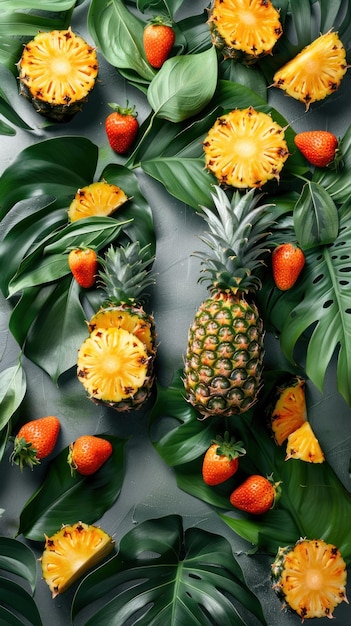 Ananas otoczony tropikalnymi liśćmi i truskawkami