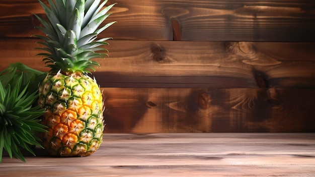 Ananas siedzi na drewnianym stole.