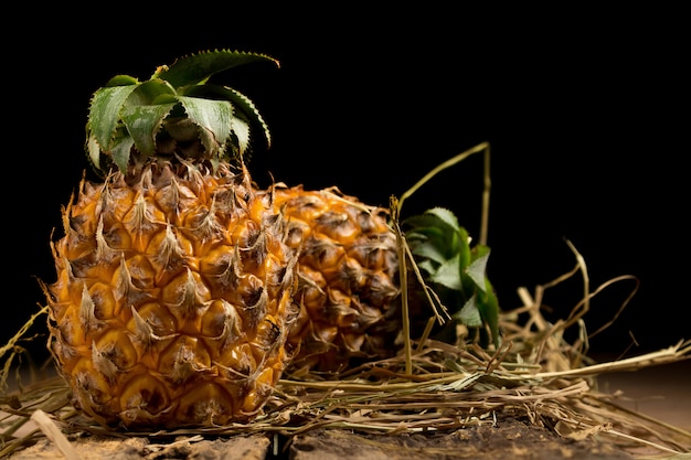 Ananas. słoma. czarne tło