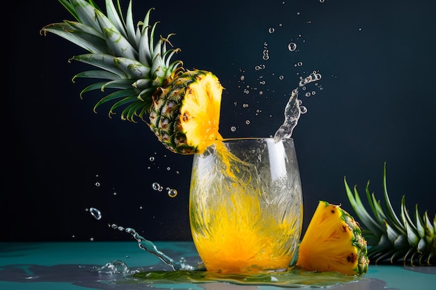 Ananas wlewający się do szklanki wody na niebieskiej powierzchni Generative AI