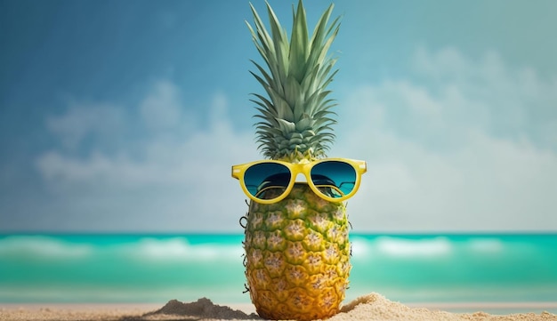 Ananas z okularami przeciwsłonecznymi na tle tropikalnego morza latemGenerative AI