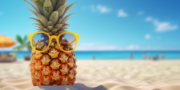 Ananas z okulary na tle błękitnego nieba tropikalnej plaży Generative AI