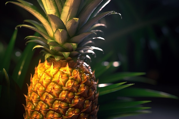 Ananas z zielonym tłem i świecącym na nim światłem.