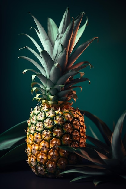 Ananas z zielonymi liśćmi i zielonym tłem