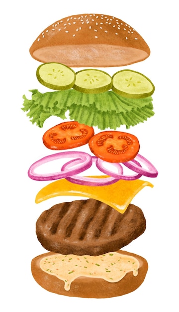 Anatomia hamburgera naklejka png ilustracja fast food przezroczysty tło