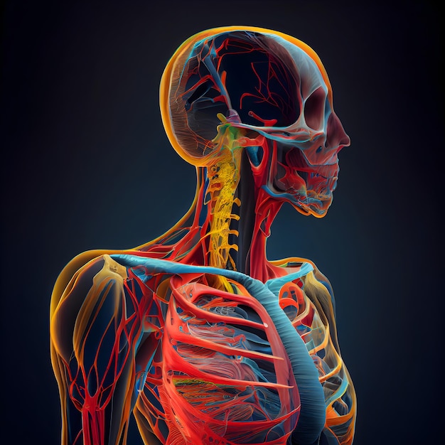 Anatomia ludzkiego szkieletu z naczyniami krwionośnymi na ciemnym tle ilustracji 3D