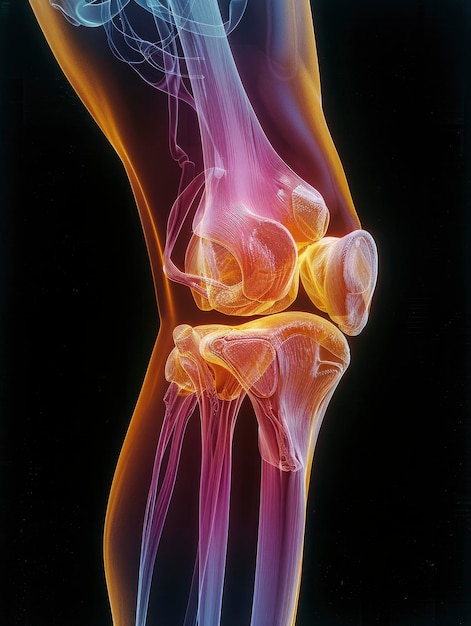 Anatomia stawu kolanowego Szczegółowa ilustracja medyczna przedstawiająca otaczające mięśnie i kości