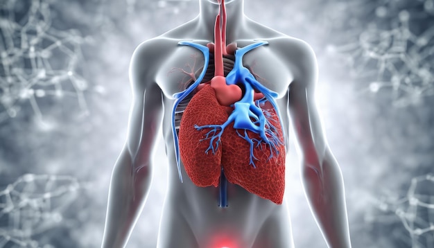 Anatomiczne renderowanie 3D ludzkiego tułowia z widocznym sercem i płucami