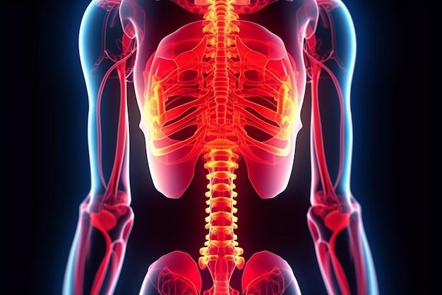 Anatomiczny szkielet kobiecego ciała w neonowym blasku Czarnym tle