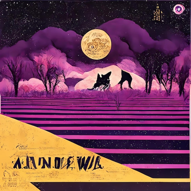 Andrewolf fioletowy i żółty retro japoński styl artystyczny plakat okładki albumu Stworzony przy użyciu generatywnego
