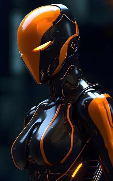 Android dziewczyna robot w ciemności z pomarańczowym i czarnym pancerzem fotorealistyczny szczegół