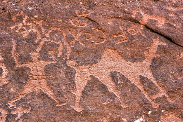 Anfashieh prehistoryczne inskrypcje i petroglypy na kamieniu w Wadi Rum w Jordanii