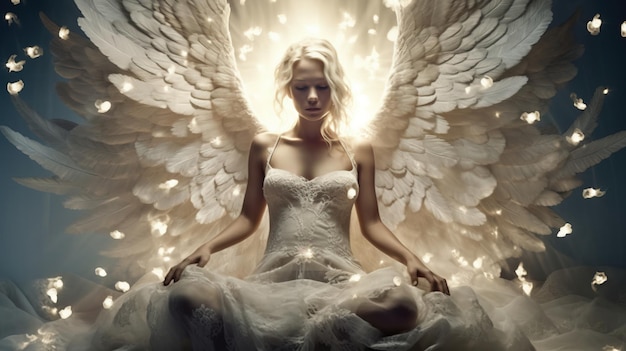 Angelwoman w białej sukni ze skrzydłami Generative AI Art
