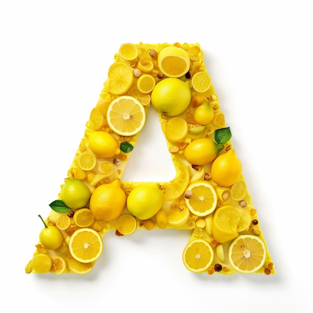 Zdjęcie angielska litera a wykonana z żółtych pomarańczy na białym tle generatywnej ai