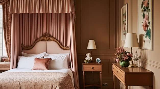 Angielski wystrój sypialni projekt wnętrz i czerwień różowy wystrój domu łóżko z baldachimem i starożytnymi meblami domek wiejski wynajem wakacyjny i wnętrza w stylu domku