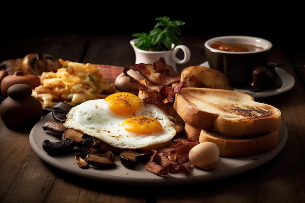 Angielskie śniadanie z jajkiem sadzonym, bekonem, pieczarkami, grzankami i kawą Generative AI
