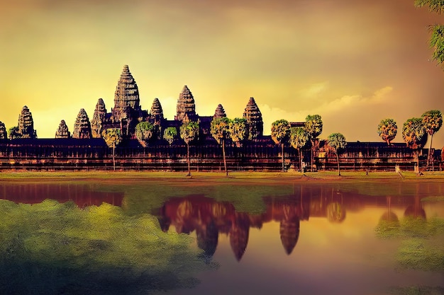 Angkor wat Kambodża Piękne starożytne ruiny świątyni cyfrowy styl malowania widok na panoramę