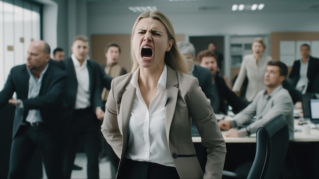 Angry businesswoman krzyczy w biurze ze współpracownikami w tle Generative AI