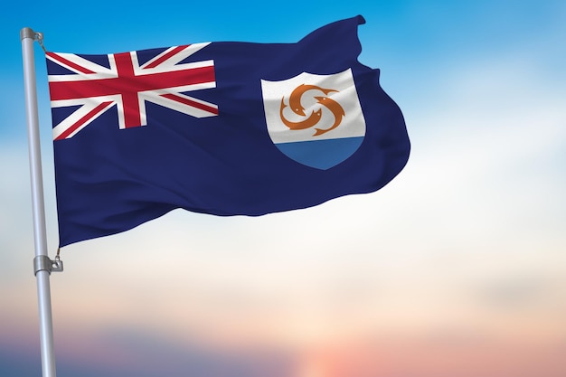 Anguilla Macha flagą na niebieskim niebie z symbolem narodowym oficjalnym emblematem