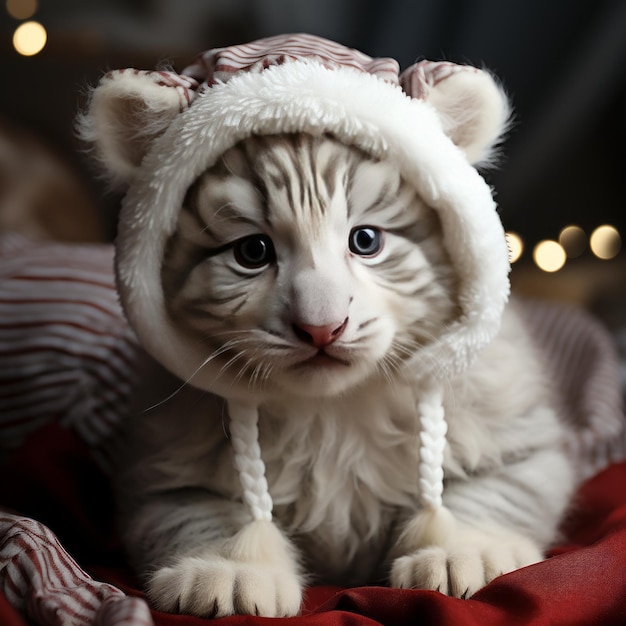 Anima z małym białym tygrysem w zimowej czapce Świętego Mikołaja