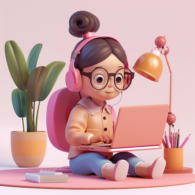 Animacja 3D Młoda dziewczyna studiuje online