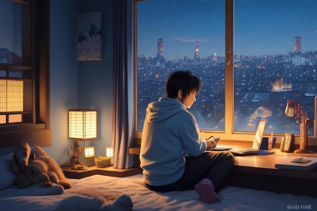 Animacja przedstawiająca mężczyznę korzystającego z laptopa ze swoim zwierzakiem z widokiem na światła miasta zimą z okna