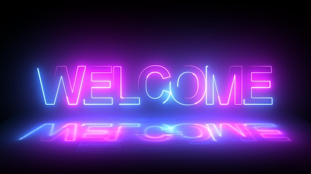 Animacja słowa powitalnego w niebieskim neonie odpowiedni do wprowadzenia wideo lub pozdrowienia wideo neonowo animowane na cyfrowym tle słowa powitalne witaj w animacji na znaku neonowym