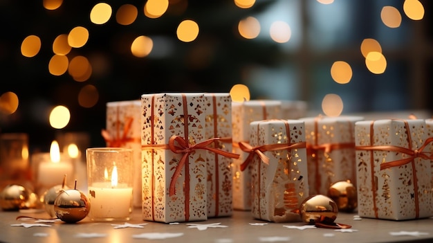 Zdjęcie animacja świątecznych pozdrowień tekst nad świątecznymi dekoracjami krakersów