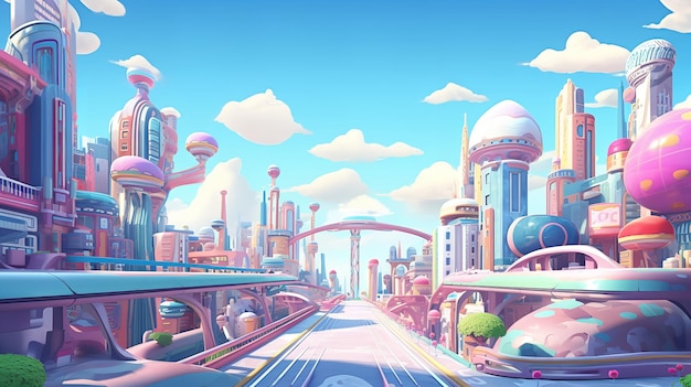 Animacja w pastelowych kolorach, przedstawiająca przyszłe miasto. Generatywna sztuczna inteligencja.