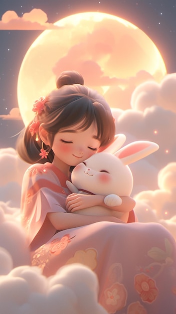 animacyjna dziewczyna przytulająca białego królika w chmurach generatywna ai