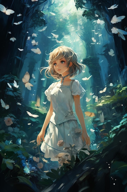 animacyjna dziewczyna w białej sukience stojąca w lesie z białymi kwiatami generatywną ai