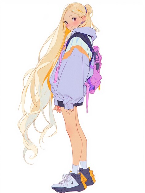 animacyjna dziewczyna z długimi blond włosami, ubrana w plecak i tenisówki generatywne ai