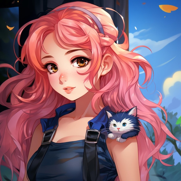 animacyjna dziewczyna z różowymi włosami i niebieskimi oczami trzymająca kota
