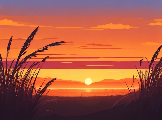 Anime 8K Pole trzciny z niesamowitym zachodem słońca